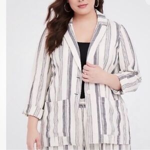Torrid Linen Striped Blazer Womens Size 1X Unstructured Lined Black White Office
